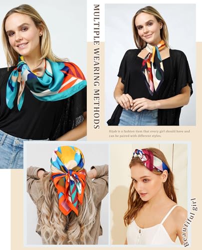AWAYTR 27.5” Silk Satin Square Head Scarf - 4PCS Satin Head Scarves for Women Hair Kerchief Bandanas Sleeping Head Wraps - color: Flower(blue/Burgundy/Black/Orange)