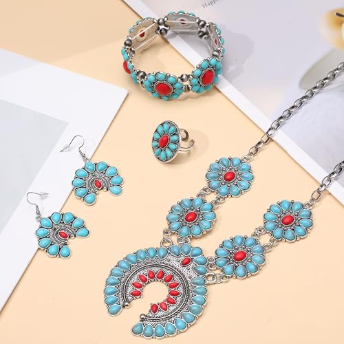 4 PCS Western Turquoise Jewelry for Women Boho Vintage Navajo Pearl Necklace Earring Bracelet Ring Set Country Cowgirl Accessories for Gift - color: M-Blue