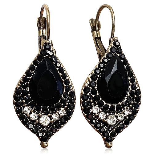 Unique Bohemian Vintage Sparkly Crystal Colorful Round Flower leverback earrings Boho Retro Bronze Circle Beaded Flower Floral Dangle Drop Earrings for Women - color: Black 12
