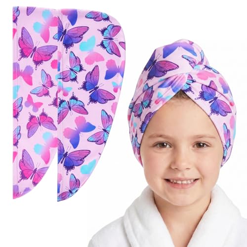 Basumee Microfiber Hair Towel Wrap for Kids 2 Pack - Rapid Drying Turbans With Button for Wet Hair - Head Towel Wrap for Women and Girls, Blue Pink Butterfly - color: Blue Pink Butterfly