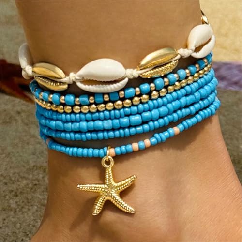 Pingyongchang Bohemian Stackable Shell Beaded Ankle Bracelets for Women Colorful Boho Multi-Layer Seashell Gold Starfish Adjustable Handmade Braid Bracelet Summer Beach Holiday Accessories Gifts - color: Blue
