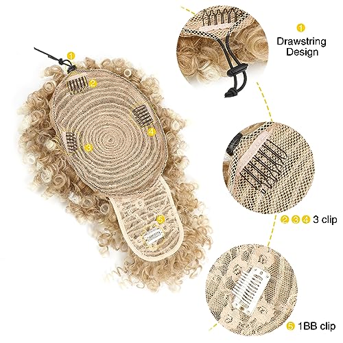 Drawstring Ponytail with Bangs Afro Puff Ponytail Extensions for Women Short Curly Puff Ponytail with Bangs Clip in Wrap Updo Hairpiece for Women (T27/613) - color: T27/613