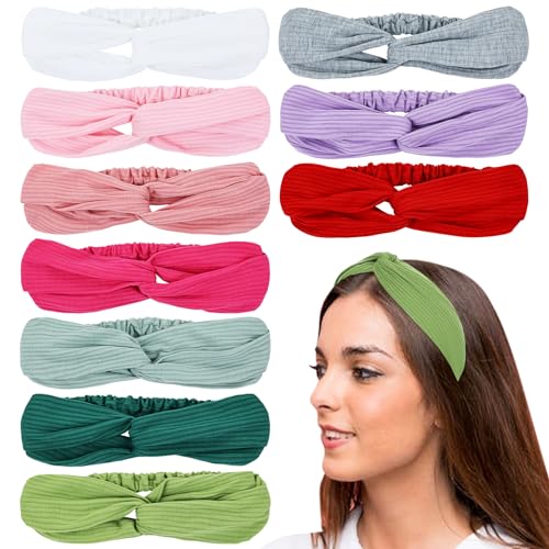 Dizila 10 Pack Super Soft Boho Plain Thin Running Sports Yoga Twist Knotted Headbands with Rubber Band Hair Bands Headwraps Accessories for Women Girls - color: 10pcs Light Color Set