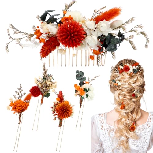 Suncalla 5 Pcs Burnt Orange Dried Flower Hair Pins for Wedding Baby Breath Comb with Eucalyptus Leaves Fall Hair Accessories Bulk for Women Girls Bride Bridesmaid Bachelorette - color: Orange, style: Warm