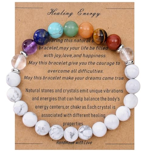 Strong Healing Crystal Bracelet 8MM Genuine Stone Bracelet Lucky Beaded Bracelet Chakra Bracelet 6.5 inch Positive Energy Inspirational Gifts for Women Mom - style: 7 Chakra-White