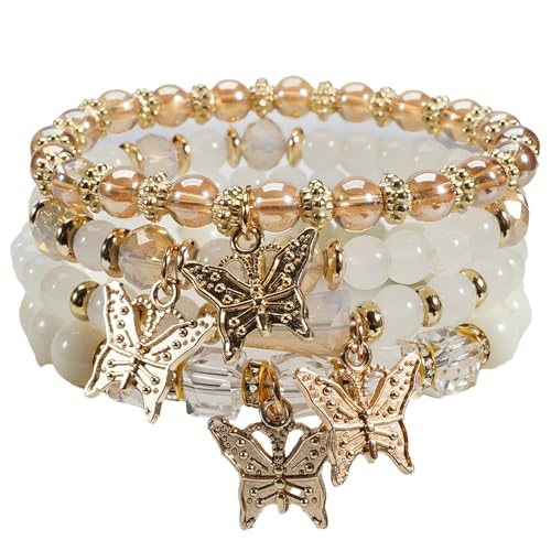 Bohemian Bracelet Sets for Women - 4-Pack Stackable Stretch Bead Bracelets with Black＆White Crystal & Gold Accessories, Multi-Layer Boho Jewelry - color: white butterfly