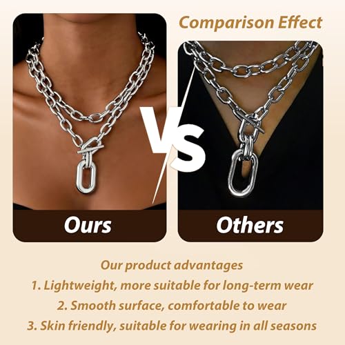 Long tiantian Chunky Gold Necklace Stack Chain Necklaces for Women Statement Layered Paperclip Choker Necklaces Statement Necklace for 80s 90s & Night Out Outfits Paperclip Style Fashion Jewelry - color: A1:Style A-Silver