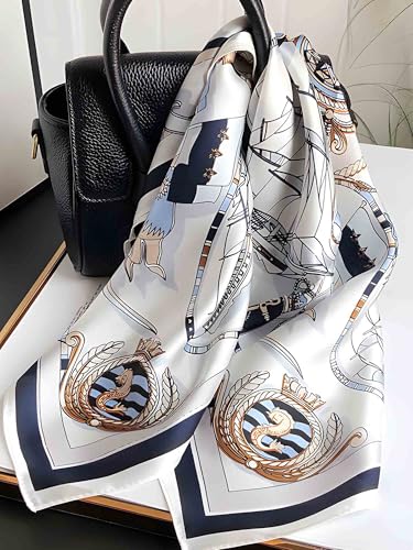 100% Mulberry Silk Scarf for Women Hair Lightweight Square Neckerchief Wrap For Head Scarves 21" - color: 31-nautical Blue /21"*21"