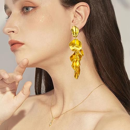 Long Acrylic Rose Petal Earrings Dangle Exaggerated Flower Earrings Drop Statement Floral Tassel Earrings for Women - color: Gold