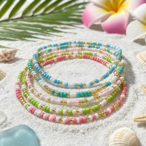 14K Gold Plated Beaded Bracelets Stack Set for Women,Stretch Boho Colorful Beads Ball Jewelry Friendship Summer Trendy - color: Blue