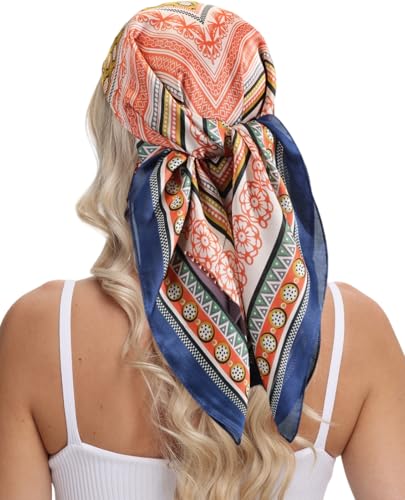 MINIDORA Satin Scarves for Women 27.5 × 27.5 inches Medium Square Elegant Silk Feeling Head Scarf - color: C0033-navy Blue