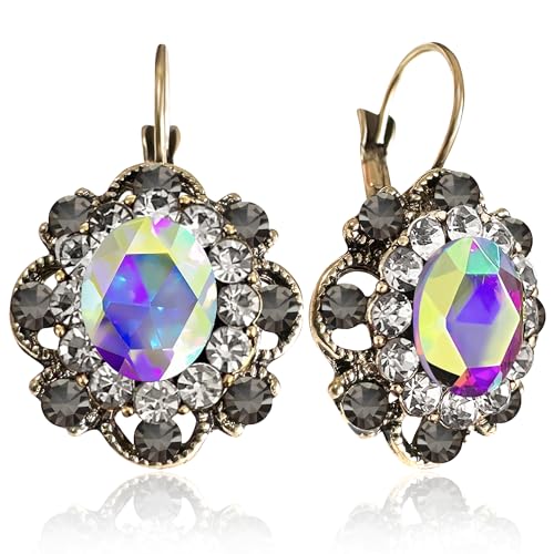 Handmade Bohemian Vintage Gold Sparkly Crystal Round Flower Leverback Earrings Cute Rhinestone Geometry Dangle Drop Earring for Women - color: Colorful Grey