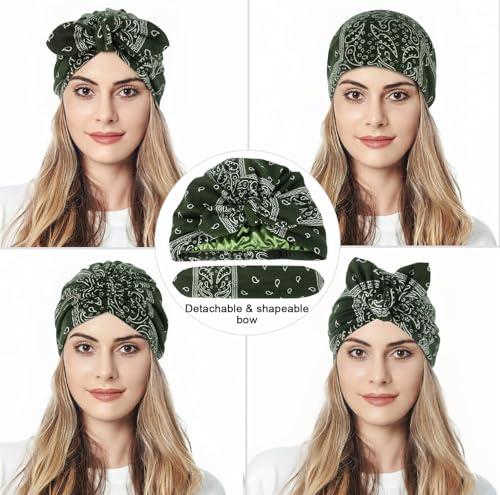 Ababalaya Satin Lined Beanies for Women Chemo Headwear Silky Lined Cotton Sleeping Cap - color: Green