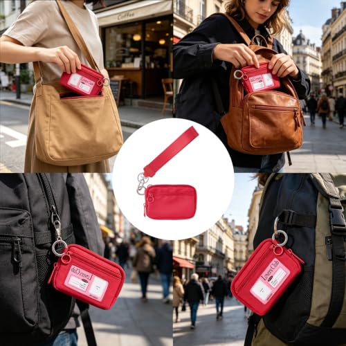 Wristlet Wallet for Women Mini Zip Card Case with Clear ID Window Zipper Coin Purse Lightweight Portable Keychain Wallet - color: Burgundy