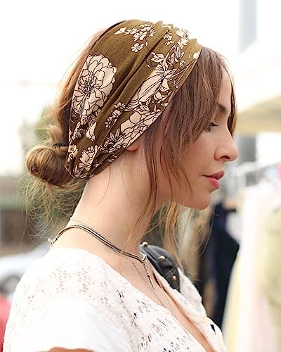 DRESHOW 6 Pack Extra Wide Headbands for Women Large Turban Headband Boho Head Wrap Elastic Hairbands Hair Twisted Knot Hair Accessories - color: 6 Pcs: Floral Color a