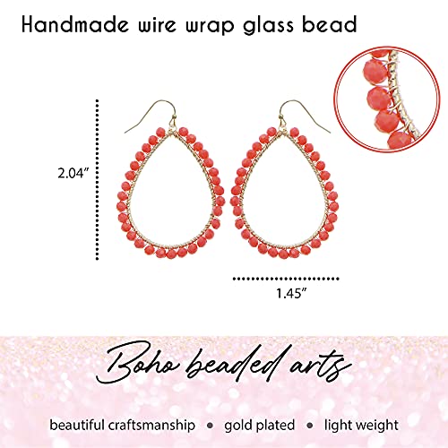 Bohemian Boho Teardrop Dangle Drop Earrings for Women – Delicate - Handcrafted Wire Wrapped Colorful Faceted Glass Beads – Gold Plated – with Gift Box Included - color: Red Coral