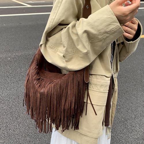 Fringe Genuine Suede Leather Hobo Bag Adjustable Crossbody Shoulder Bag Boho Retro Tassel Handbag Gift Box - color: Coffee