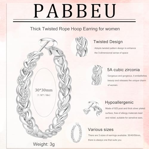 PABBEU Sterling Silver Hoop Earrings,Hypoallergenic Twisted Silver Hoops Earrings for Women Lightweight SilverHoop Earring with Cubic Zirconia (15/20/25/30MM) - color: Silver 2
