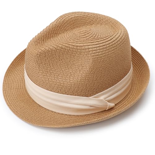 DRESHOW Women Straw Sun Hat Short Brim Panama Travel Fedora Summer Hat Roll Up Beach Cap for Women UPF 50+ - color: 1 Pc Straw Hat: Khaki (Beige Ribbon)