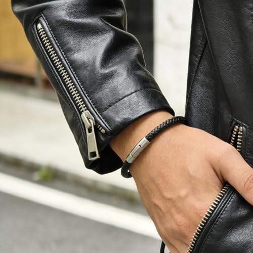 Men's Leather Bracelet, Stackable Stainless Steel Clasp Bracelets for Men Stylish Birthday, Thanksgiving, Valentine's Day Gift for My Man - style: 8.2" Black Leather
