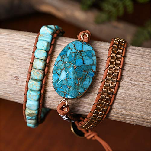 YGLINE Boho Handmade Wrap Leather Tube Crystal Stone Bracelet for Women - color: Turquoise