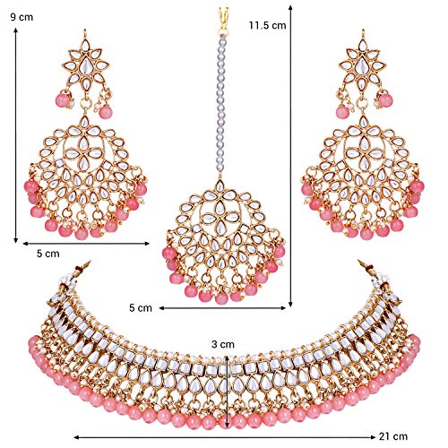 Aheli Faux Kundan Beaded Necklace Earrings Maang Tikka Indian Bollywood Ethnic Jewelry Set Gift for Women - color: Pink 1