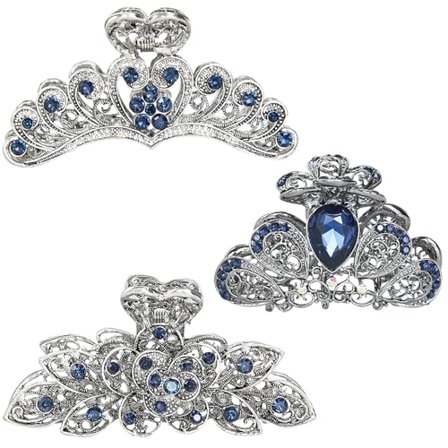 kilofly 3pc Vintage Crystal Hair Claw Clips Long Thick Hair Metal Clamps - color: 2 Large + 1 Medium