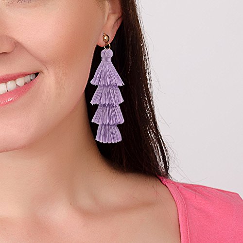 BaubleStar Tassel Earrings Handmade Tiered Thread Tassel Dangle Earrings, Multi Colors - color: Lavender