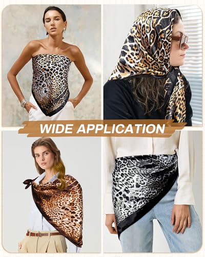 Mesovor 35” Square Head Scarf for Women, 3 Pack Like Silk Satin Headscarf Hair Neck Scarf Top Bandanas for Sleeping - color: Leopard(black/Yellow/Coffee)