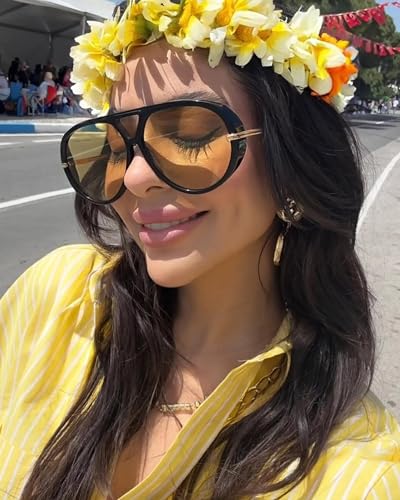 GRFISIA Retro Oversized Aviator Sunglasses for Women Men Metal 70s Aviators 2026 Fashion Shades for Beach Vacation UV400 - color: (2pcs) Tortoise/Green+black/Yellow