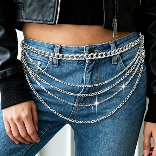 Andibro Silver Waist Chain Belt for Women, Multilayer Sparkly Rhinestones Belly Waist Belts Plus Size Waist Chain Belt