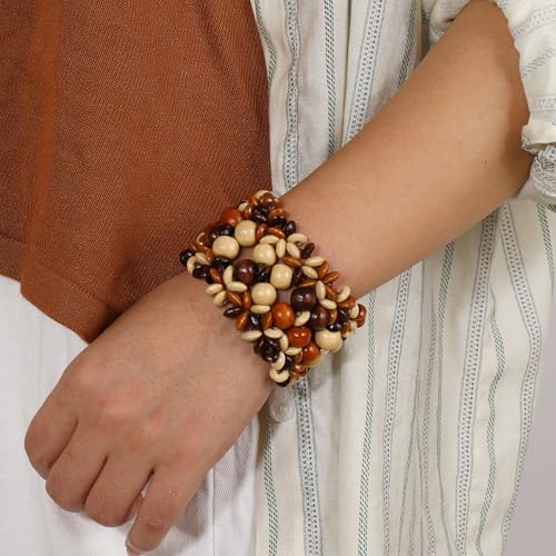 Bohemian Wooden Bead Bracelets Boho Colorful Handmade Elastic Stretch Bracelets Design for Women Summer Beach Festival Jewelry - color: Brown