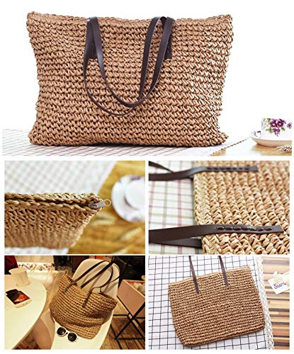 Ayliss Women Straw Woven Tote Large Beach Handmade Weaving Shoulder Bag Purse Straw Handbag - color: Khaki