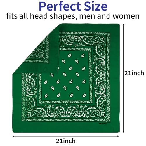 6 Pack Pure Cotton Bandana, Multi-Purpose Square Handkerchief, Face Mask headband for Men and Women - color: Green