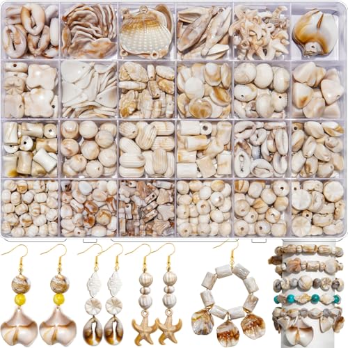 550Pcs Ocean Beads for Bracelets Making Kit, Imitation Boho Ocean Beach Shell Bead Charms Starfish Mermaid Beads Summer Sea Dangle Pendant for Earring Bracelet Necklace Anklet DIY Craft Jewelry Making - color: Beige+Camel