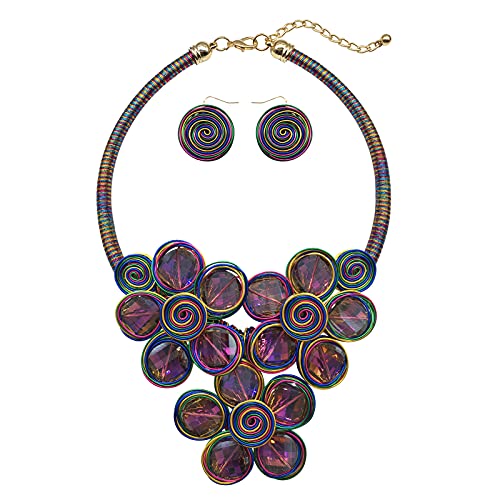Statement Chunky Flower African Necklace For Women Tribal Fashion Costume Jewelry Earring Sets Unique Big Colorful Rhinestone Crystal Pendent Collar Choker Bib Handmade - color: three flowers colorful