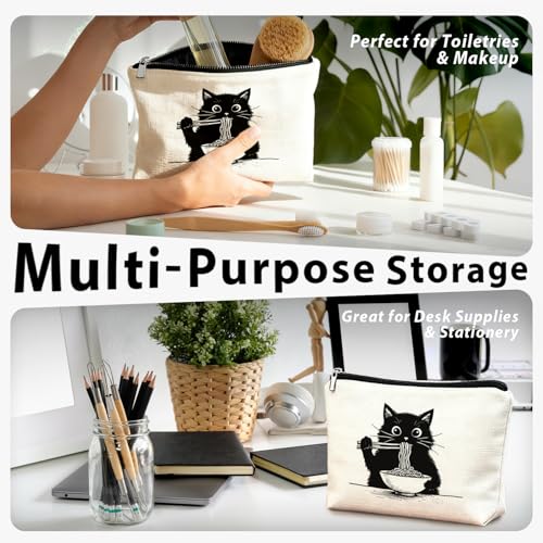 Black Cat Makeup Bag, Funny Black Kitty Eat Noodles Cosmetic Bags for Women, Cat Mom Lady Lover Gifts for Women, Pet Lovers Owners Gifts Zipper Makeup Pouch - color: 02-Cat(02)