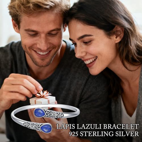 925 Sterling Silver Genuine Gemstone Bracelet for Women Men Handmade Adjustable Boho Navajo Style Bangle Cuff Natural Stone Jewelry Gift - color: Lapis Lazuli