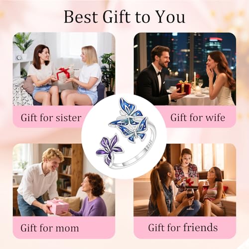 PARCOM Adjustable Women Stackable Ring, 925 Sterling Silver Open Rings - Trendy Eternity Cubic Zirconia Stackable Band Engagement Promise Ring for Her, Hypoallergenic Non Tarnish Nature Bird Floral Thumb Rings - color: Moonlit Butterfly Iris