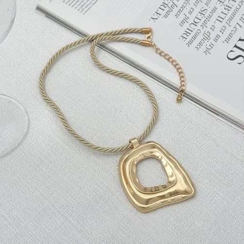 Chunky Gold Large Hollow Square Pendant Long Rope Necklaces for Women, Boho Big Silver Ethnic Style Necklace Statement Party Festival Jewelry Gifts - color: Gold
