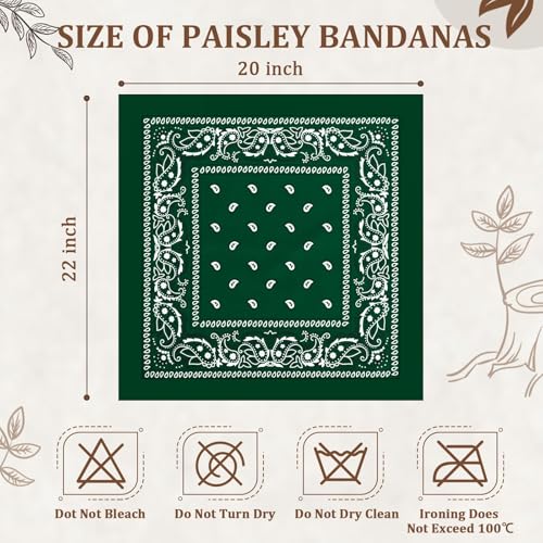 12 Pack Bandanas Unisex Paisley Cowboy Bandanas Bulk Multi Purpose Headband Scarf for Men Women Costume - color: Dark Green, style: Classic