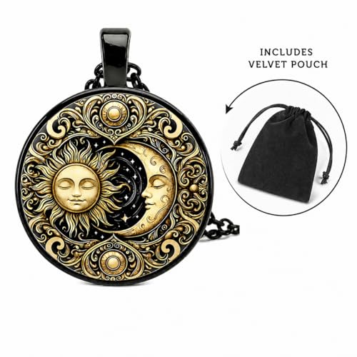 1pc Stunning Round Pendant Necklace - Unique Sun & Moon Pattern, Oil Painting Style Glass Mosaic, Alloy Construction, Trendy Sweater Chain, Fashionable Gift for Women - Christmas or Birthday Gift - color: Gray Moon (Black)