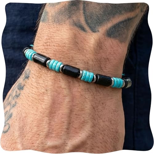Turquoise Bracelet, Handmade Turquoise Beaded Wood Hematite Boho Bracelet, Western Jewelry for Women & Men