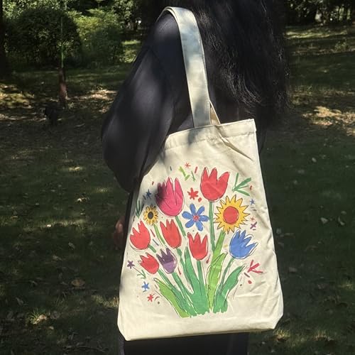 Canvas Tote Bag with Zipper for Women, Aesthetic Tote Bag with Pocket for Vacation, Shopping, Travel, Beach - style: Flowers
