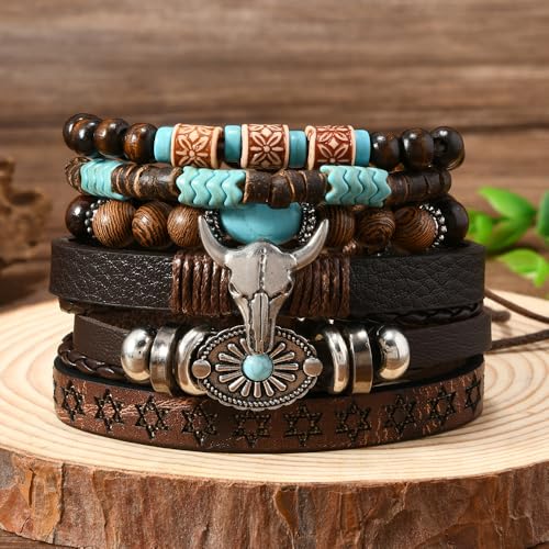 Western Outfit for Women Bohemian Vintage Stackable Turquoise Bracelet Rustic Beaded Cow Head Charm Stretch Bracelet Western Jewelry Country Concert Outfits for Women - style: Style6