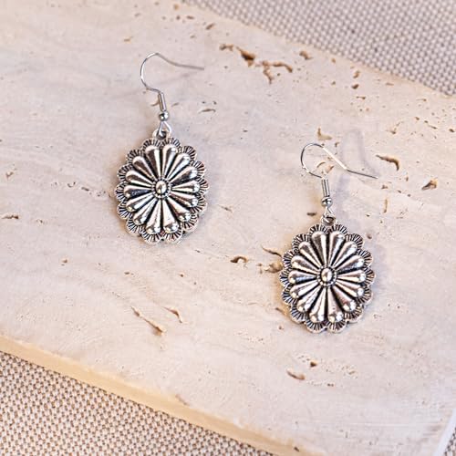 Rustic Couture's Western Earrings for Women Cowgirl Country Concho Dangling Western Statement Jewelry - color: D-Silver
