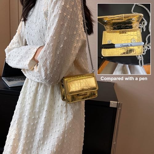 Small Crossbody Purse Bag for Women，Y2K Cute Metallic Croc-Embossed Handbag with Chain Strap - color: Mini Gold