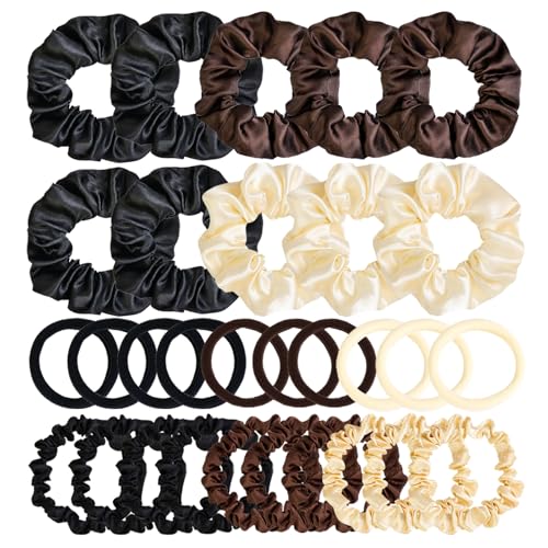 Hair Ties Scrunchies for Women 30 Pack - JGQUR Big Satin Hair Scrunchie Seamless Hair Elastic Small Ponytail Holders Hair Accessories, Yoga, Sport, Daily Use (Black/Beige/Coffee) - color: Black/Beige/Coffee