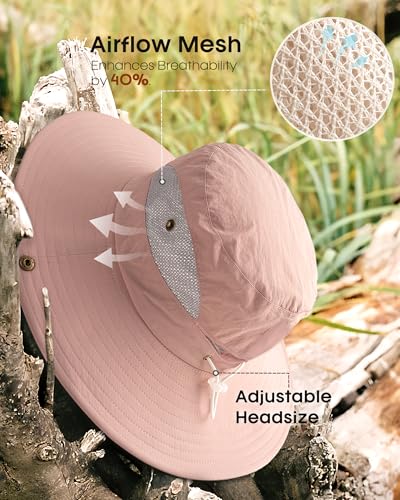 FURTALK Womens Sun Hat with Ponytail Hole Beach Hiking Summer Wide Brim UPF 50+ Outdoor Protection Foldable Bucket Hat - color: Pink