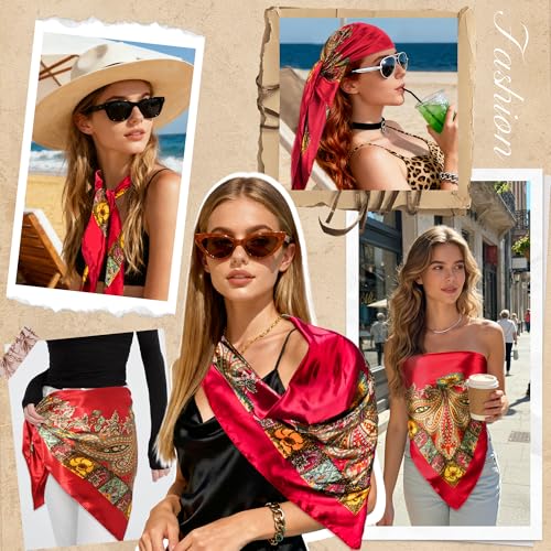 Large Square Head Scarf Bandana - 35" Satin Hair Scarf for Women Like Silk Scarf Fashion Hair Wrapping - color: Paisley(red), size: 35IN*35IN